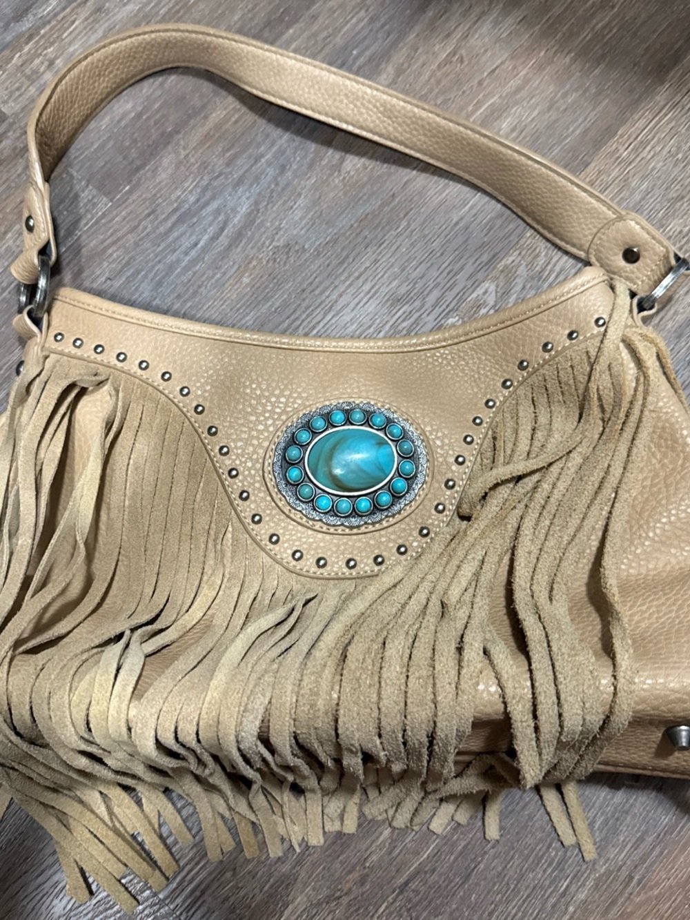 Beige Fringe Shoulder Bag with Turquoise Stone Accent